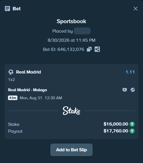 Bet slip: Real Madrid - Malaga, $16,000.00 stake at 1.11 odds, placed by Filipchaplin