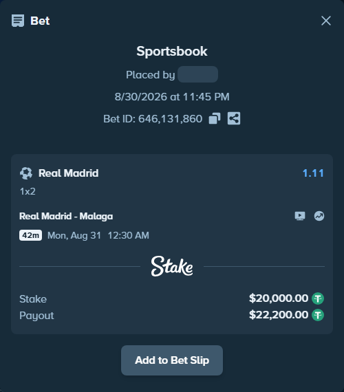 Bet slip: Real Madrid - Malaga, $20,000.00 stake at 1.11 odds, placed by mathiasjuel