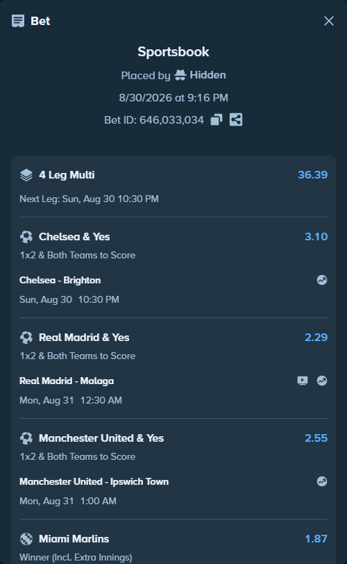 Bet slip: Real Madrid - Malaga, $25,075.00 stake at 2.29 odds, placed by Hidden