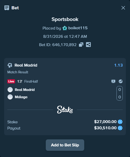 Bet slip: Real Madrid - Malaga, $27,000.00 stake at 1.13 odds, placed by boikot115