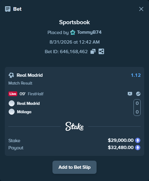 Bet slip: Real Madrid - Malaga, $28,905.70 stake at 1.12 odds, placed by TommyB74