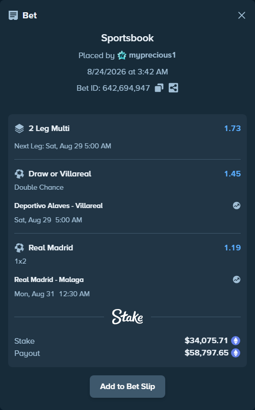 Bet slip: Real Madrid - Malaga, $34,165.30 stake at 1.19 odds, placed by myprecious1