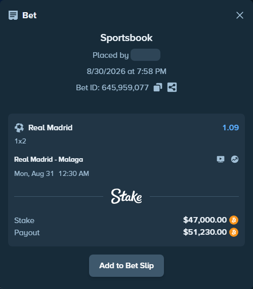 Bet slip: Real Madrid - Malaga, $47,566.32 stake at 1.09 odds, placed by SpinEng