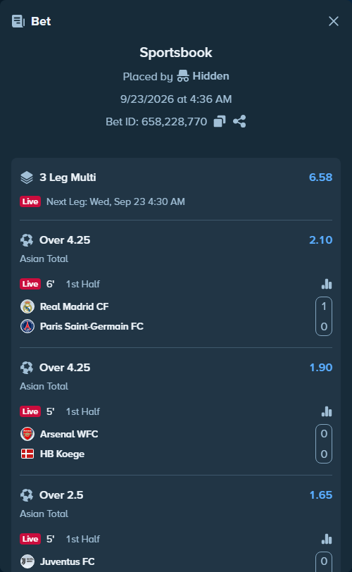 Bet slip: Real Madrid - Paris Saint-Germain, $29,600.00 stake at 2.10 odds, placed by Hidden