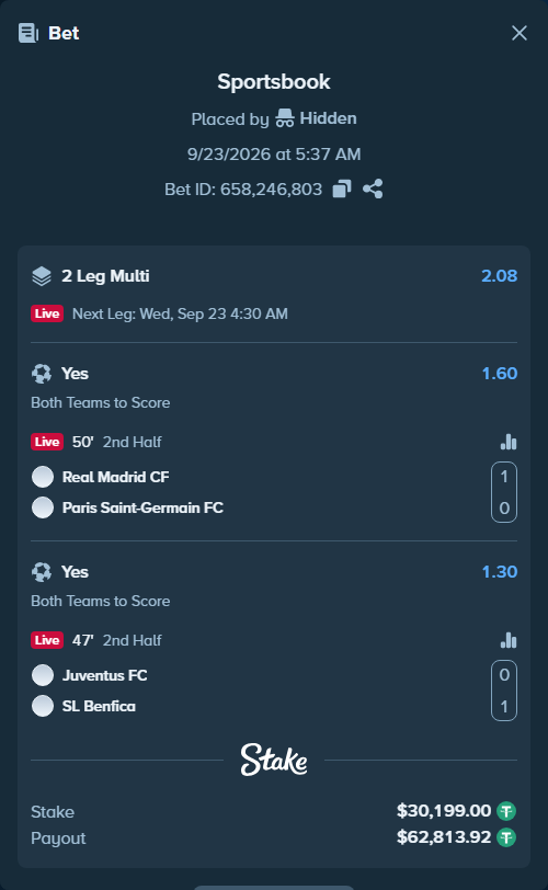 Bet slip: Real Madrid - Paris Saint-Germain, $30,199.00 stake at 1.60 odds, placed by Hidden