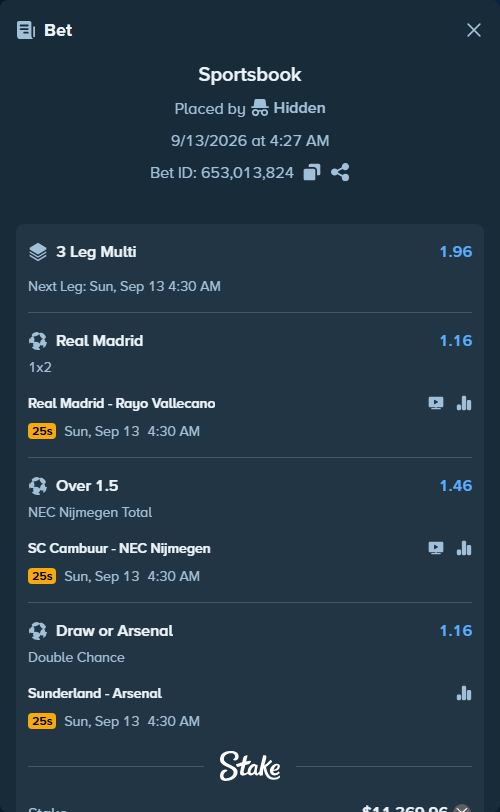 Bet slip: Real Madrid - Rayo Vallecano, $11,417.83 stake at 1.16 odds, placed by Hidden