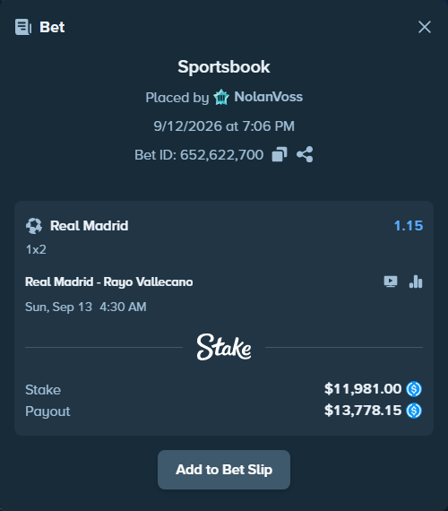 Bet slip: Real Madrid - Rayo Vallecano, $11,981.00 stake at 1.15 odds, placed by NolanVoss