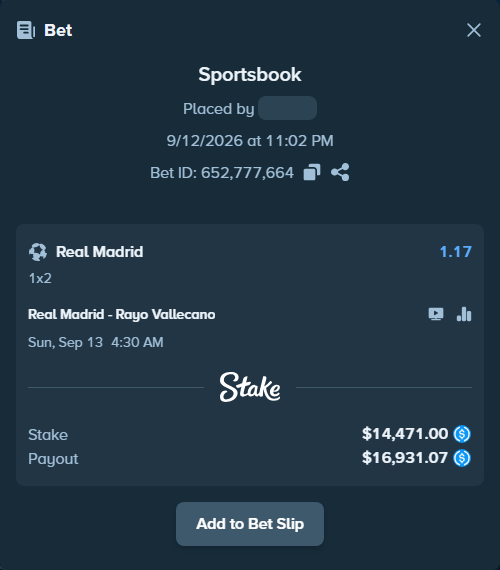 Bet slip: Real Madrid - Rayo Vallecano, $14,471.00 stake at 1.17 odds, placed by Didrikv