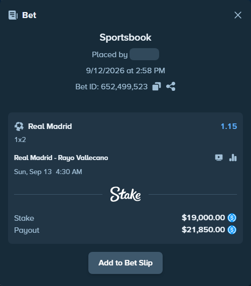 Bet slip: Real Madrid - Rayo Vallecano, $19,000.00 stake at 1.15 odds, placed by Nakken12