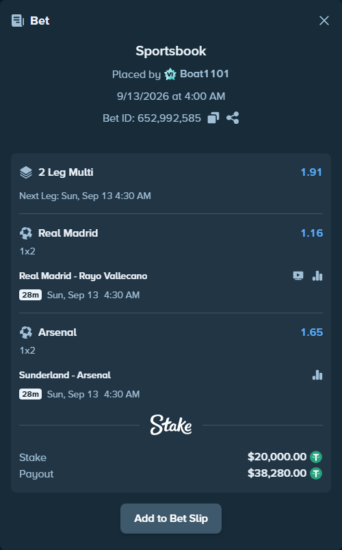 Bet slip: Real Madrid - Rayo Vallecano, $20,000.00 stake at 1.16 odds, placed by Boat1101