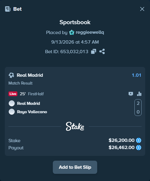 Bet slip: Real Madrid - Rayo Vallecano, $26,200.00 stake at 1.01 odds, placed by reggieewellq