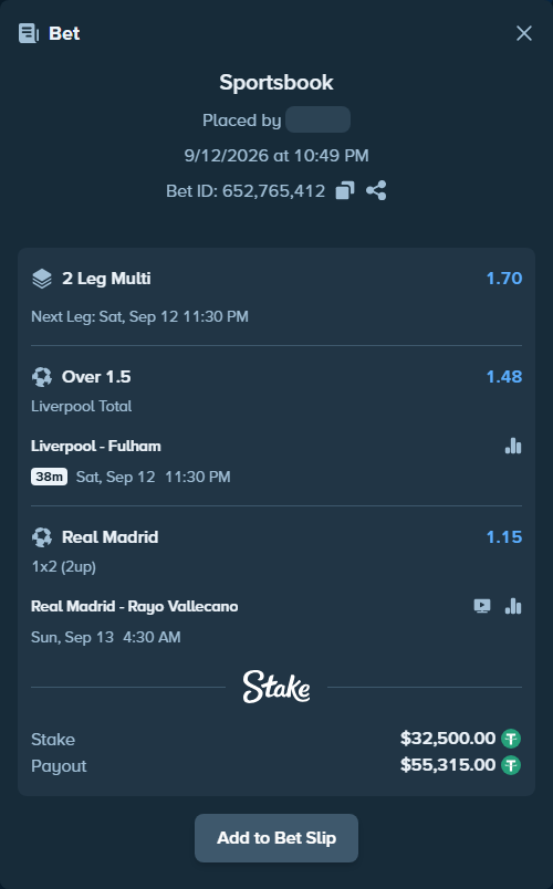 Bet slip: Real Madrid - Rayo Vallecano, $32,500.00 stake at 1.15 odds, placed by Hkarnib99