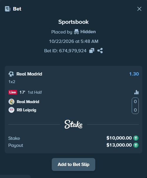 Bet slip: Real Madrid - RB Leipzig, $10,010.00 stake at 1.30 odds, placed by erlendw00