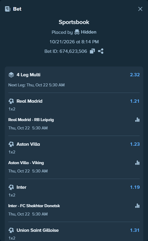 Bet slip: Real Madrid - RB Leipzig, $10,435.00 stake at 1.21 odds, placed by Aounn17
