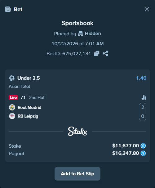 Bet slip: Real Madrid - RB Leipzig, $11,677.00 stake at 1.40 odds, placed by Mustafajuke