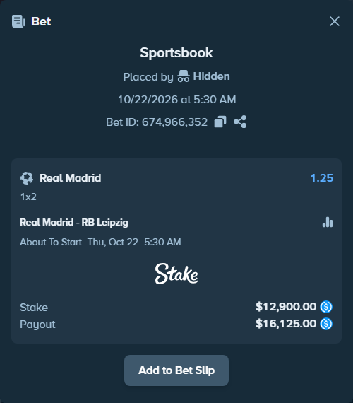 Bet slip: Real Madrid - RB Leipzig, $12,900.00 stake at 1.25 odds, placed by Hareid