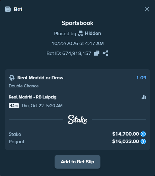 Bet slip: Real Madrid - RB Leipzig, $14,700.00 stake at 1.09 odds, placed by reggieewellq