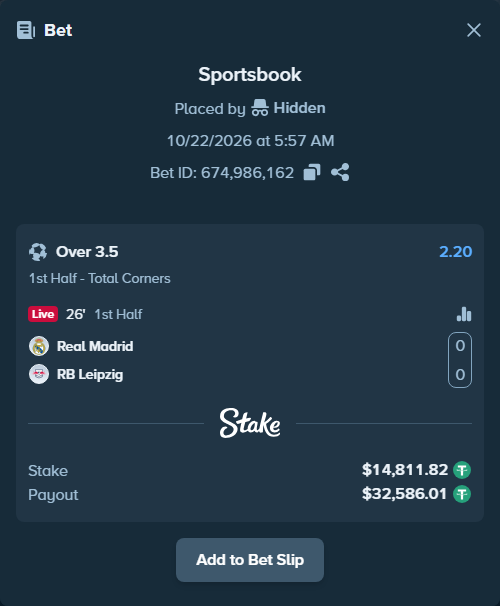 Bet slip: Real Madrid - RB Leipzig, $14,826.63 stake at 2.20 odds, placed by Hidden