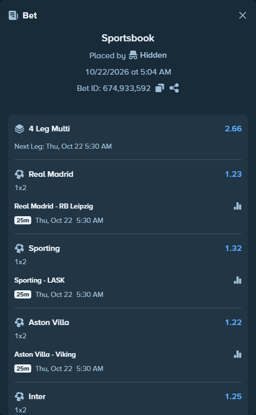 Bet slip: Real Madrid - RB Leipzig, $15,015.00 stake at 1.23 odds, placed by bozkurtua