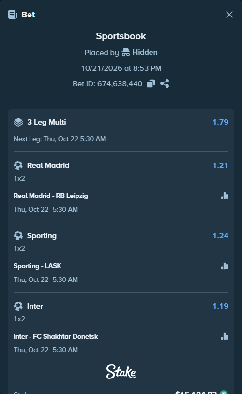 Bet slip: Real Madrid - RB Leipzig, $15,200.00 stake at 1.21 odds, placed by Paata09