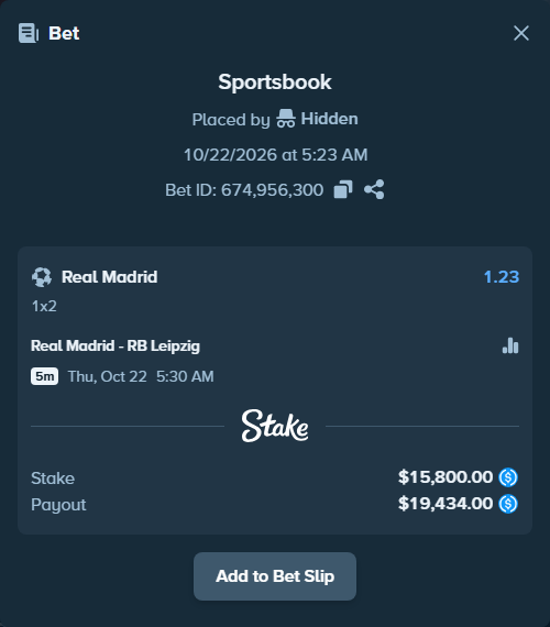 Bet slip: Real Madrid - RB Leipzig, $15,800.00 stake at 1.23 odds, placed by pering3