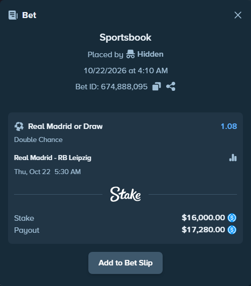 Bet slip: Real Madrid - RB Leipzig, $16,000.00 stake at 1.08 odds, placed by Lefzinatoren