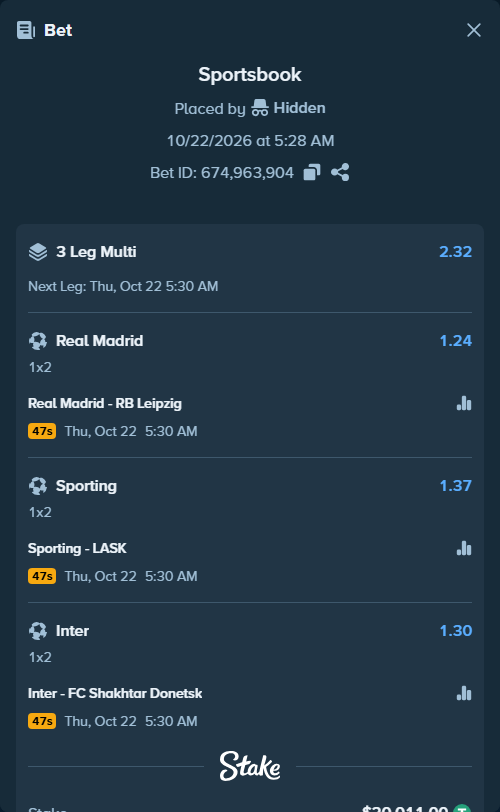 Bet slip: Real Madrid - RB Leipzig, $20,031.01 stake at 1.24 odds, placed by Hidden
