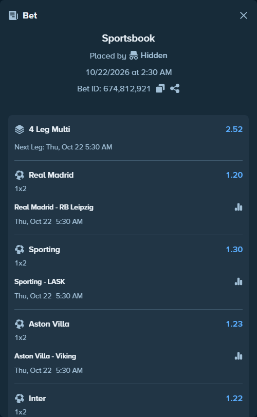 Bet slip: Real Madrid - RB Leipzig, $35,000.00 stake at 1.20 odds, placed by Agus1033