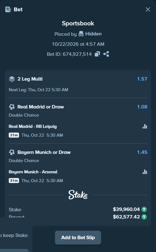 Bet slip: Real Madrid - RB Leipzig, $40,000.00 stake at 1.08 odds, placed by Ceeksy1204