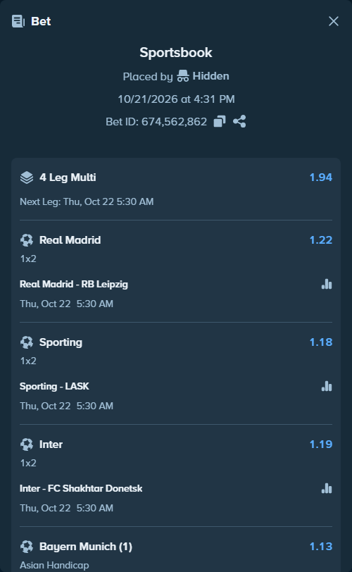 Bet slip: Real Madrid - RB Leipzig, $50,015.00 stake at 1.22 odds, placed by Haliasovskyi