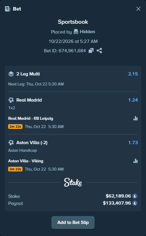 Bet slip: Real Madrid - RB Leipzig, $61,100.00 stake at 1.24 odds, placed by Hidden