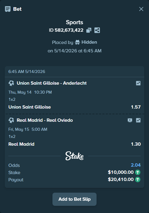 Bet slip: Real Madrid - Real Oviedo, $10,000.00 stake at 1.30 odds, placed by Hidden