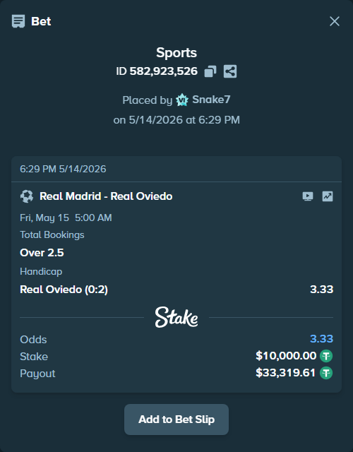Bet slip: Real Madrid - Real Oviedo, $10,000.00 stake at 1.71 odds, placed by Snake7