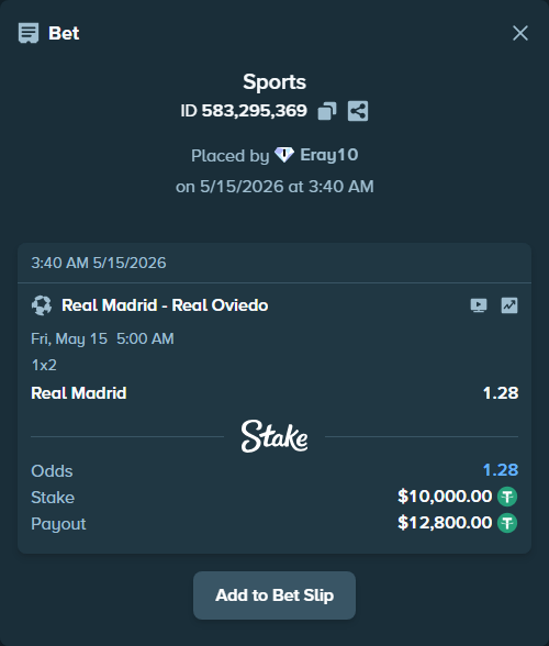 Bet slip: Real Madrid - Real Oviedo, $10,000.00 stake at 1.28 odds, placed by Eray10