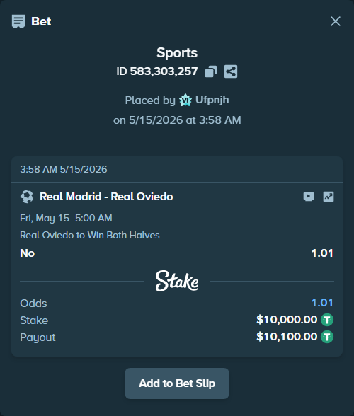 Bet slip: Real Madrid - Real Oviedo, $10,000.00 stake at 1.01 odds, placed by Ufpnjh
