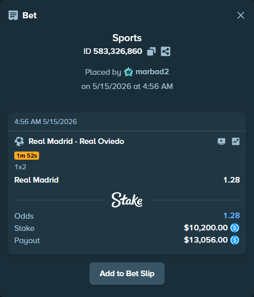 Bet slip: Real Madrid - Real Oviedo, $10,200.00 stake at 1.28 odds, placed by marbad2