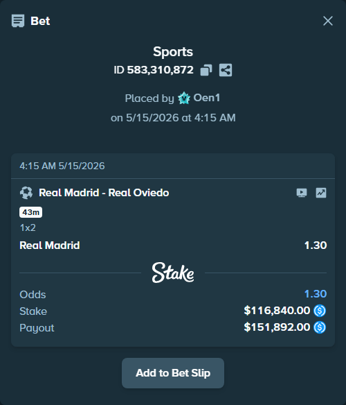 Bet slip: Real Madrid - Real Oviedo, $116,840.00 stake at 1.30 odds, placed by Oen1