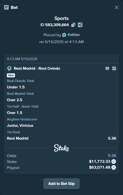 Bet slip: Real Madrid - Real Oviedo, $9,145.24 stake at 1.21 odds, placed by Kallias