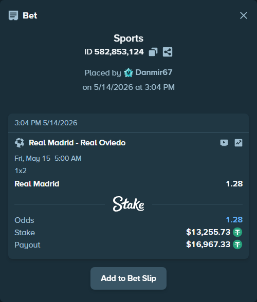 Bet slip: Real Madrid - Real Oviedo, $13,255.73 stake at 1.28 odds, placed by Danmir67