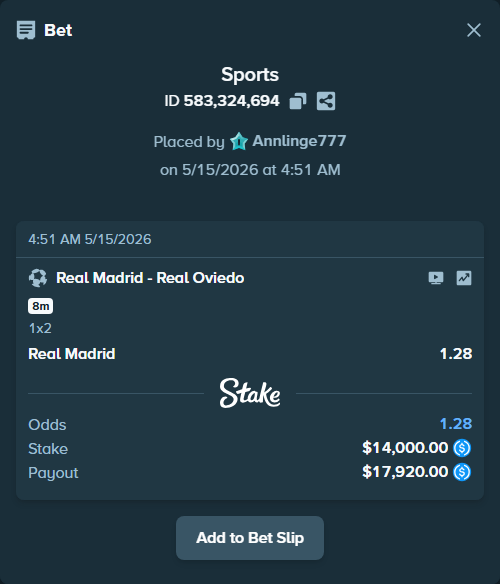 Bet slip: Real Madrid - Real Oviedo, $14,000.00 stake at 1.28 odds, placed by Annlinge777