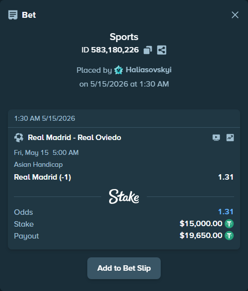 Bet slip: Real Madrid - Real Oviedo, $15,000.00 stake at 1.31 odds, placed by Haliasovskyi