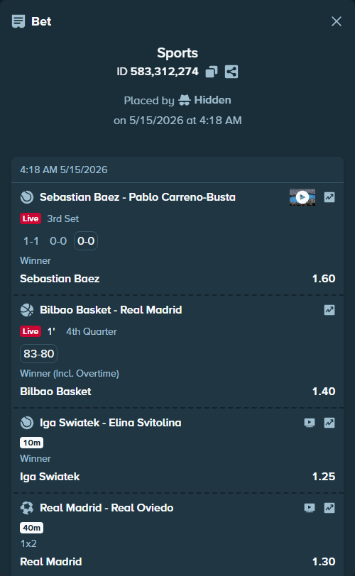Bet slip: Real Madrid - Real Oviedo, $15,000.00 stake at 1.30 odds, placed by Hidden