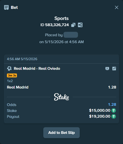 Bet slip: Real Madrid - Real Oviedo, $15,000.00 stake at 1.28 odds, placed by mathiasjuel