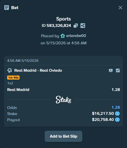 Bet slip: Real Madrid - Real Oviedo, $16,217.50 stake at 1.28 odds, placed by erlendw00