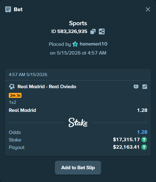 Bet slip: Real Madrid - Real Oviedo, $17,315.17 stake at 1.28 odds, placed by hanemerl10