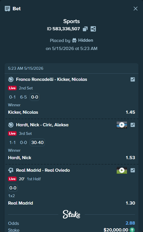 Bet slip: Real Madrid - Real Oviedo, $20,000.00 stake at 1.30 odds, placed by Hidden