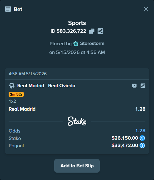 Bet slip: Real Madrid - Real Oviedo, $26,150.00 stake at 1.28 odds, placed by Storestorm