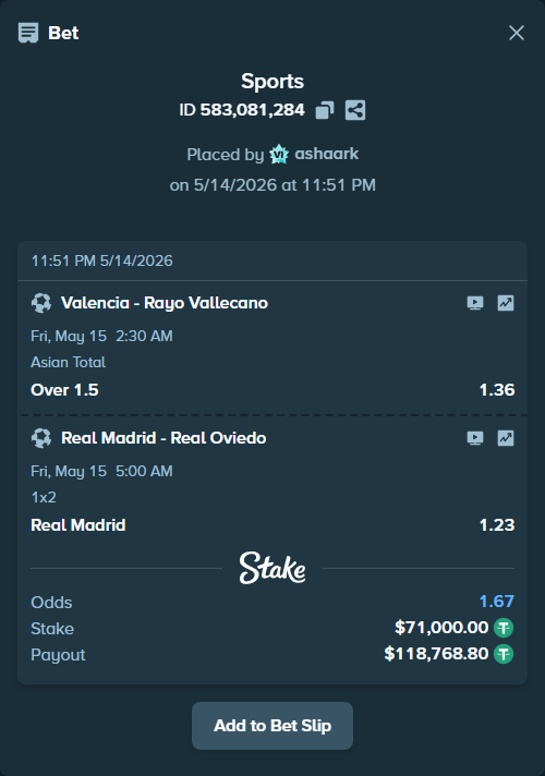 Bet slip: Real Madrid - Real Oviedo, $71,000.00 stake at 1.23 odds, placed by ashaark