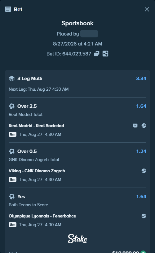 Bet slip: Real Madrid - Real Sociedad San Sebastian, $10,000.00 stake at 1.64 odds, placed by roha1292