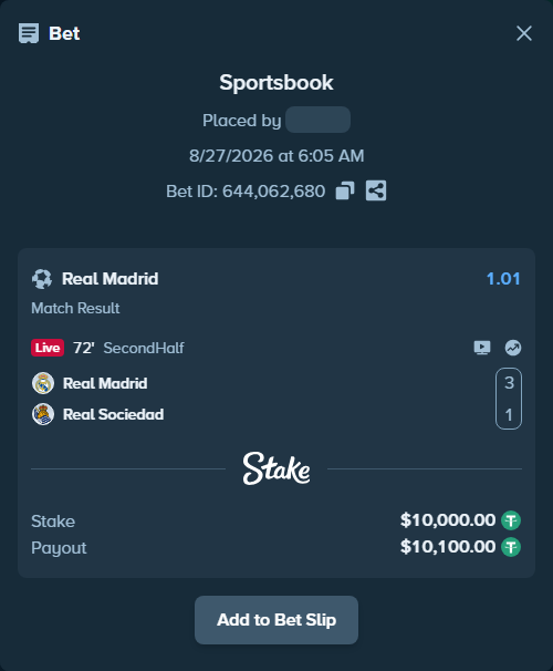 Bet slip: Real Madrid - Real Sociedad San Sebastian, $10,000.00 stake at 1.01 odds, placed by winnirium228